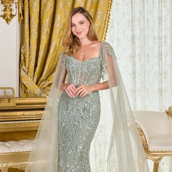 New Sage Beads Embellished  Maxi Mother Of Bride Gown w/ Cape Sleeves GL3704 - Picture 4 of 13